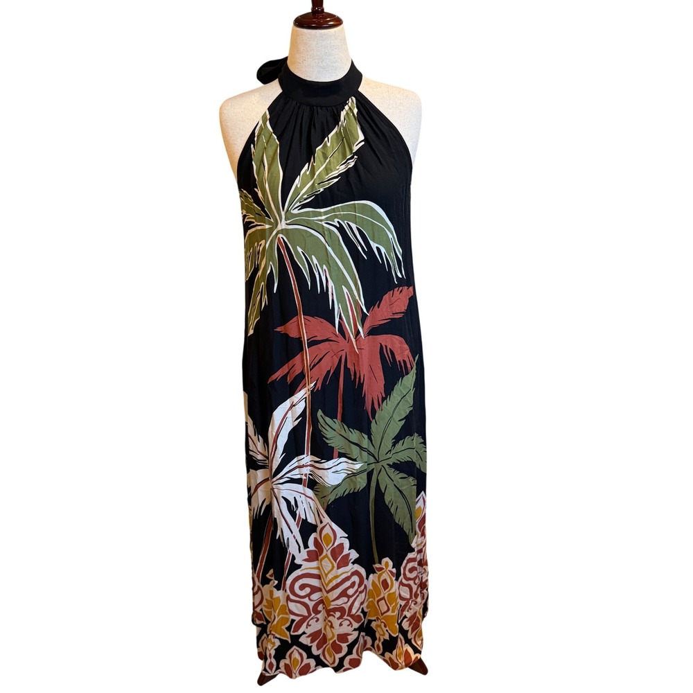 MSK Tropical Palm Leaf Halter Maxi Dress Black Green Rust Medium